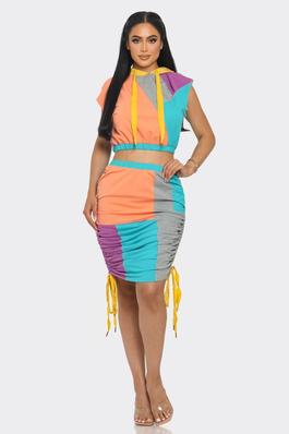 Rascal Color Block Print Hoodie and Skirt Set