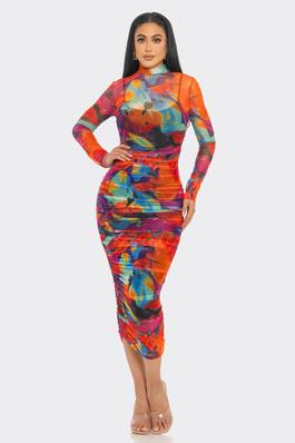 Kaleidoscope Print Mesh Ruched Midi Dress