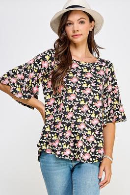 Tiered Ruffled Bell Sleeve Floral Knit Top