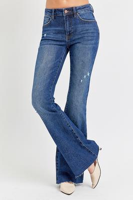 MID RISE-FLARE SMALL DISTRESSED LONG JEANS