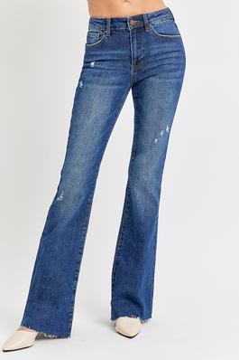 PLUS SIZE MID RISE-FLARE SMALL DISTRESSED LONG