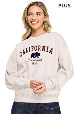 PLUS FLEECE BASIC RELAXED FIT CREW NECK SWEATSHIRT WITH 'CALIFORNIA' PATCH AND EMBROIDERY