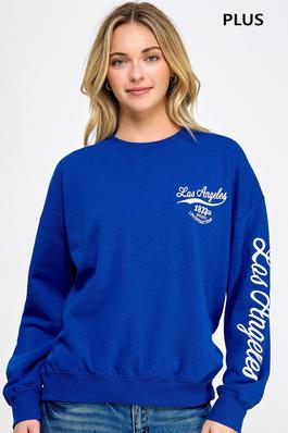 PLUS BASIC FLEECE RELAXED FIT CREW NECK SWEATSHIRT WITH 'LOS ANGELES' EMBROIDERY