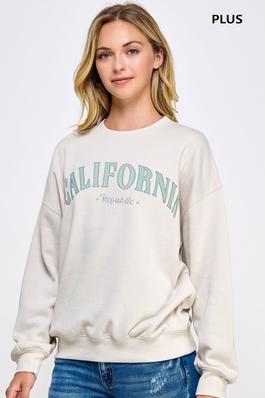PLUS BASIC FLEECE RELAXED FIT OVERSIZED CREW NECK SWEATSHIRT WITH 'CALIFORNIA' PATCH AND EMBROIDERY