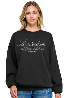 BASIC FLEECE RELAXED FIT OVERSIZED CREW NECK SWEATSHIRT WITH 'AMSTERDAM' EMBROIDERY