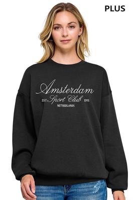 PLUS BASIC FLEECE RELAXED FIT OVERSIZED CREW NECK SWEATSHIRT WITH 'AMSTERDAM' EMBROIDERY