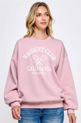 BASIC FLEECE RELAXED FIT OVERSIZED CREW NECK SWEATSHIRT WITH RACQUET CLUB EMBROIDERY