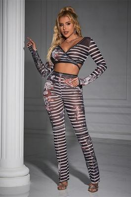 Sexy mesh printed tight-fitting pantsuit