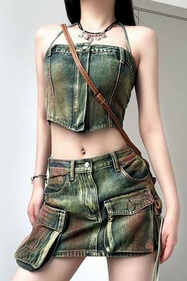 High-waisted zipper slim denim skirt