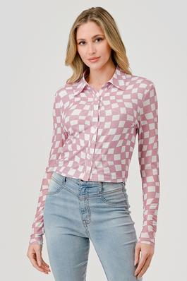 Checkered Long Sleeve Crop Shirt Top