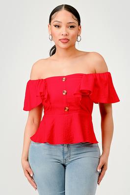 Solid Off Shoulder Button Detail Ruffle Top