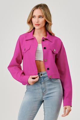 Solid Collar Button Up Pockets Cropped Jacket