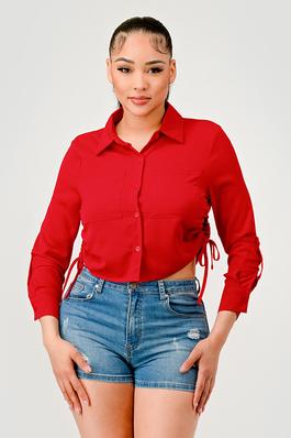 Solid Button Down Tie Roll-up Long Sleeve Blouse