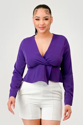 Solid V Neck Wrap Front Long Sleeve Top