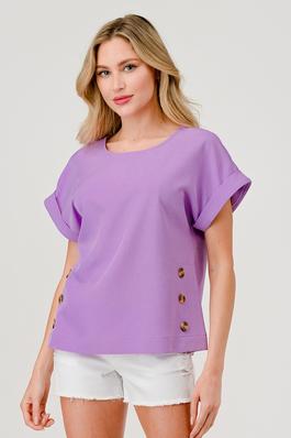 Solid Round Neck Button Detail Short Sleeve Top