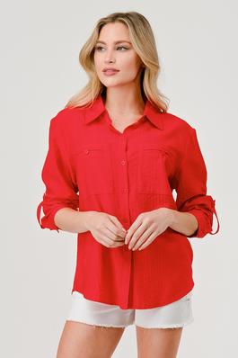 Solid Double Pocket Roll-up Long Sleeve Blouse