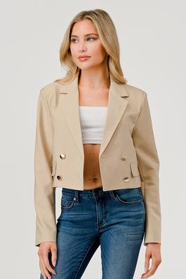 Solid Notched Lapel Double Breasted Crop Jacket