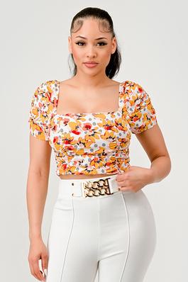 Floral Print Square Neck Short Sleeve Top 