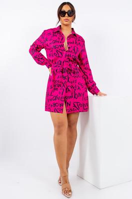 BELTED LETTERS PRINT SHIRT DRESS