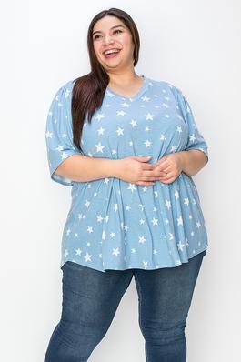 EXTRA PLUS SIZE V-NECK WIDE SLEEVES STAR PRINT TUNIC TOP