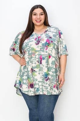 EXTRA PLUS SIZE V-NECK WIDE SLEEVES MULTI PRINT TUNIC TOP