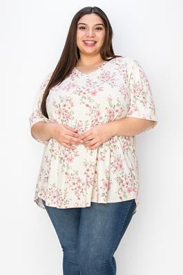 EXTRA PLUS SIZE V-NECK WIDE SLEEVES FLOWER PRINT TUNIC TOP