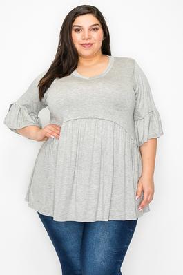 Plus size V neck ruffle sleeves solid color tunic top