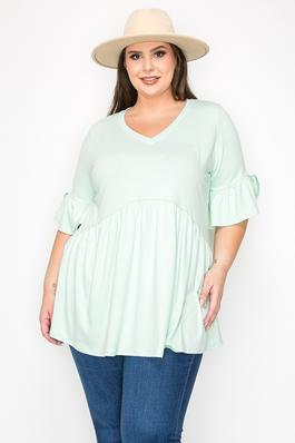 Plus size V neck ruffle sleeves solid color tunic top