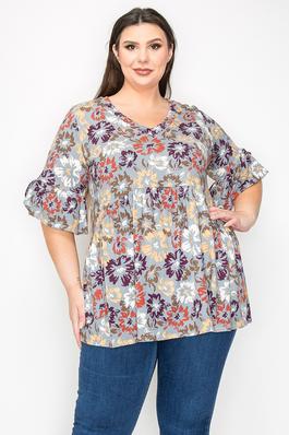 Plus size V neck ruffle sleeves flower print tunic top