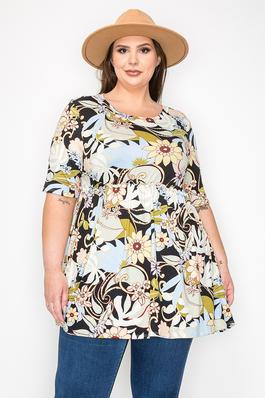 Plus size shirred flower print top