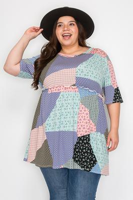 Extra Plus size shirred multi print top