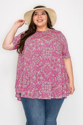 PLUS SIZE SHORT SLEEVES PRINT TUNIC TOP