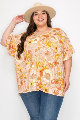 Plus Size V-neck Ruffle Sleeves Flower Print Top