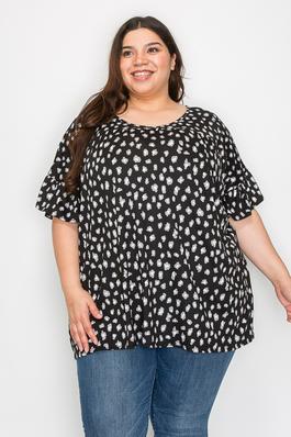 Plus Size V-neck Ruffle Sleeves Flower Print Top