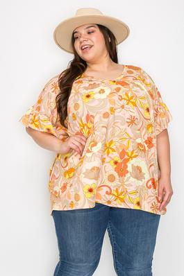 Extra Plus Size V-neck Ruffle Sleeves Print Top