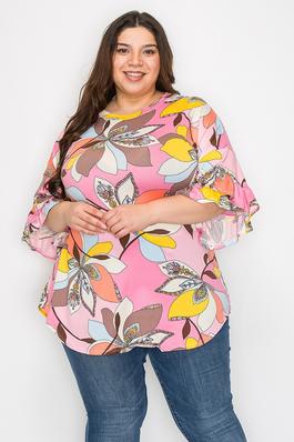 Extra Plus print top with double ruffle sleeves