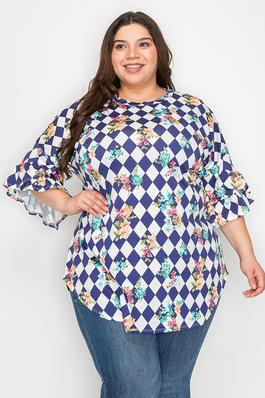 Extra Plus size flower print top with double ruffle sleeves