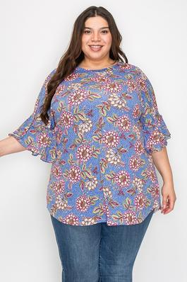 Extra plus size ruffle sleeves flower print tunic top