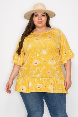 Extra Plus size ruffle sleeves flower tunic top with frill hem