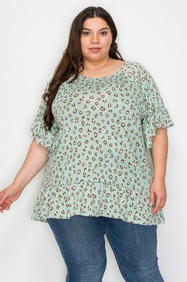 Plus size ruffle sleeves multi tunic top with frill hem