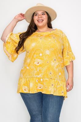 Plus size ruffle sleeves flower tunic top with frill hem
