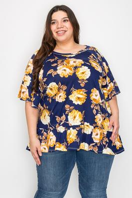 Plus size ruffle sleeves flower tunic top with frill hem