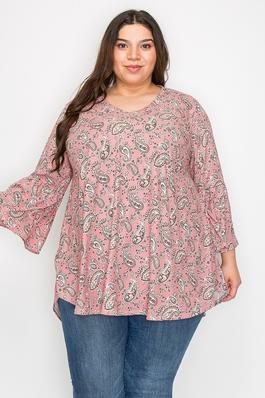 Plus size V-neck paisley print top with ruffle sleeves