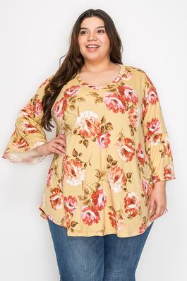Plus size V-neck flower print top with ruffle sleeves