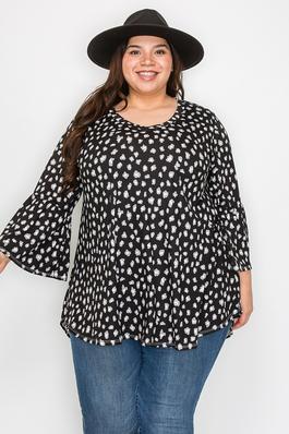 Extra Plus size V-neck multi print top with ruffle sleeves