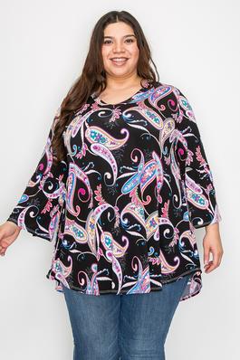 Extra Plus size V-neck paisley  print top with ruffle sleeves