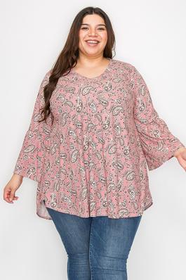 Extra Plus size V-neck paisley print top with ruffle sleeves