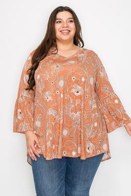 Extra Plus size V-neck flower print top with ruffle sleeves