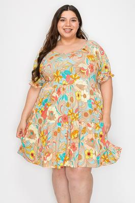 Extra Plus size shirred sleeves tier ruffle flower print dress