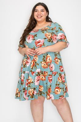 Extra Plus size shirred sleeves tier ruffle flower print dress